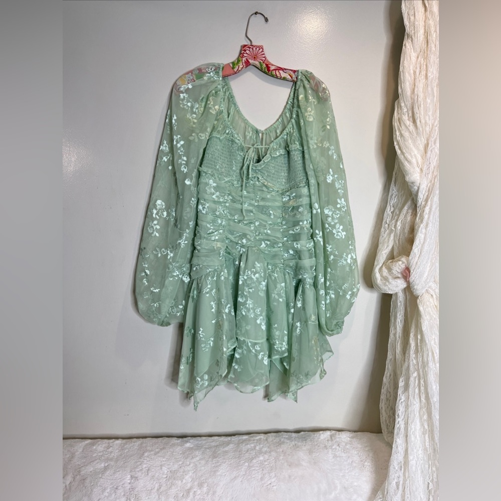 For Love & Lemons Breanne Ruched Tiered Sheer Long Puff Sleeve Mini Dress L - Picture 5 of 9